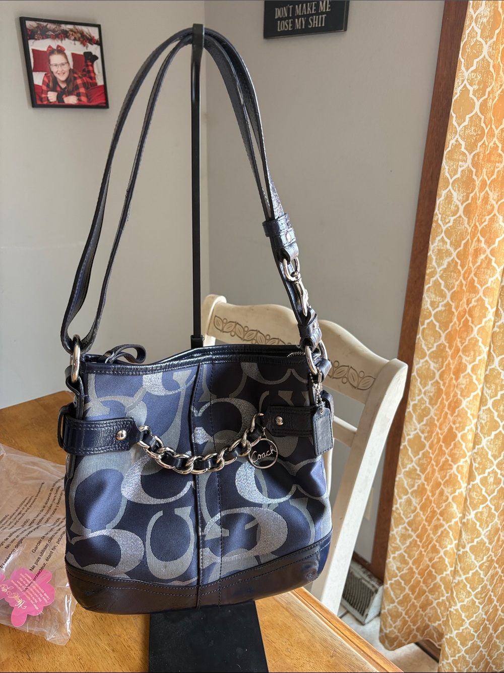 Coach Navy Signature Canvas Shoulder Bag with Silver Chain